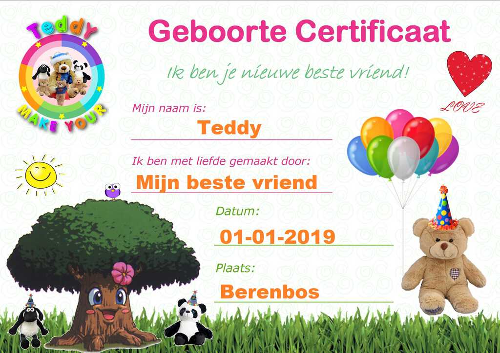 Geboorte Certificaat Make-Your-Teddy. Ik ben je beste nieuwe knuffel vriend!