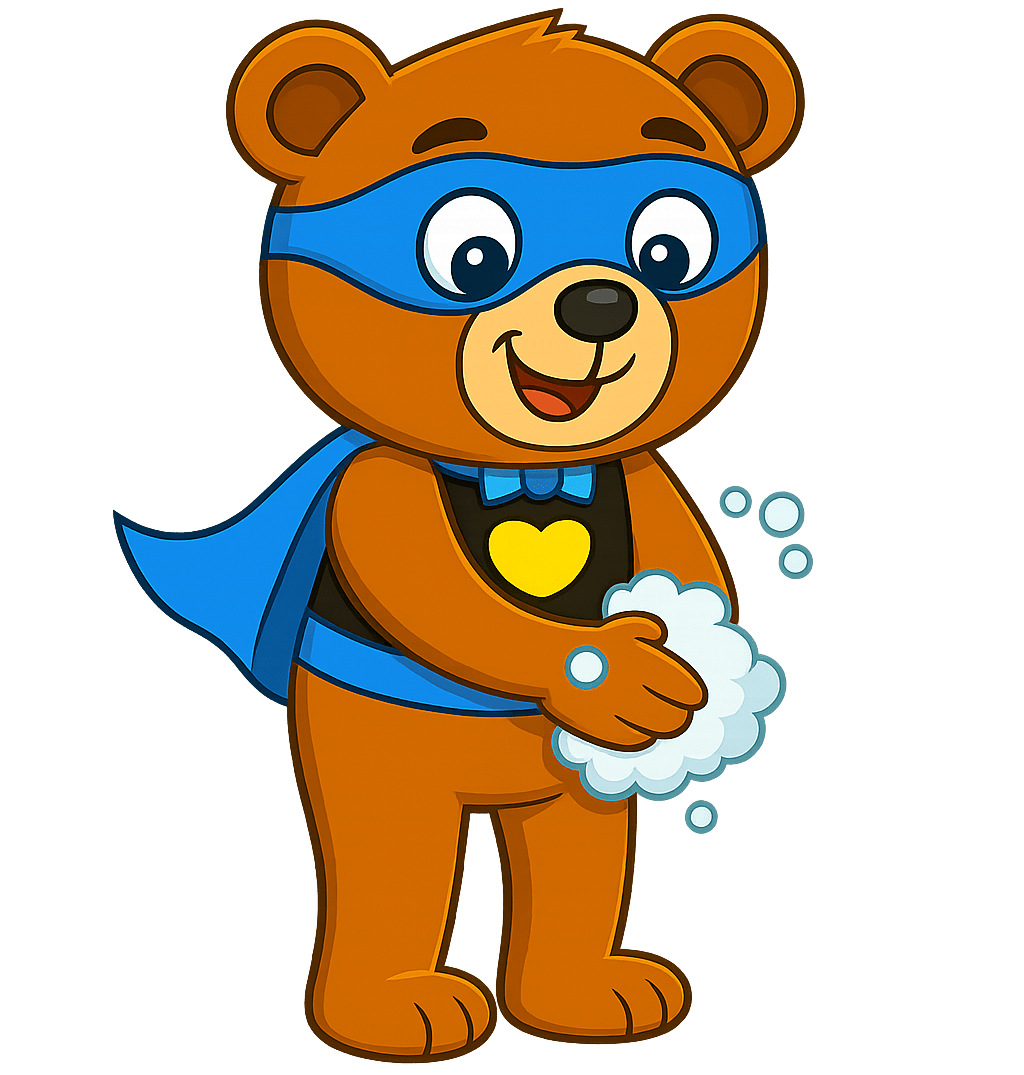 Teddy wast zijn handen zorgvuldig want hij vind Hygiëne erg belangrijk voor een schone omgeving en schone producten _ Make-Your-Teddy KidsWorkshop