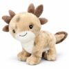 Pluche axolotlknuffel in zachte beige‑ en bruintinten met vriendelijke glimlach op witte achtergrond.