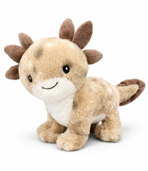 Pluche axolotlknuffel in zachte beige‑ en bruintinten met vriendelijke glimlach op witte achtergrond.