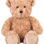 Zittende lichtbruine teddybeer met krullende vacht op witte achtergrond.