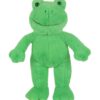 Groene pluche kikkerknuffel met zachte vacht, ronde oogjes en vriendelijke glimlach op witte achtergrond.