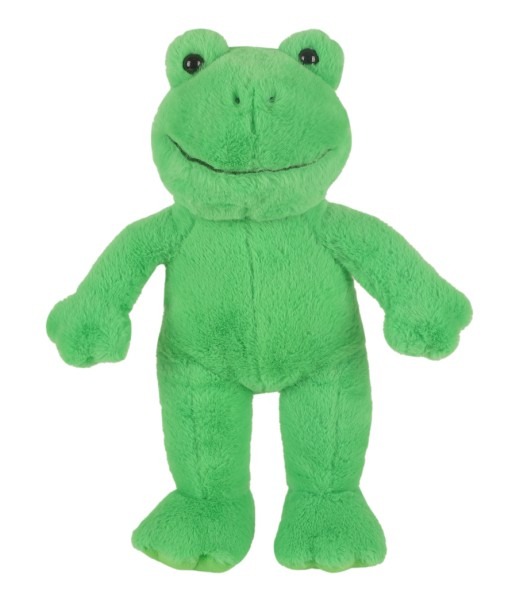 Groene pluche kikkerknuffel met zachte vacht, ronde oogjes en vriendelijke glimlach op witte achtergrond.