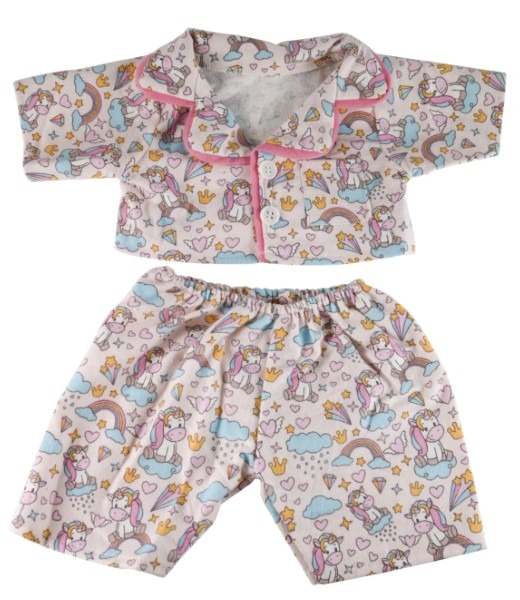 Knuffelpyjama met unicorn‑ en regenboogprint, lange mouwen en bijpassende broek op witte achtergrond.