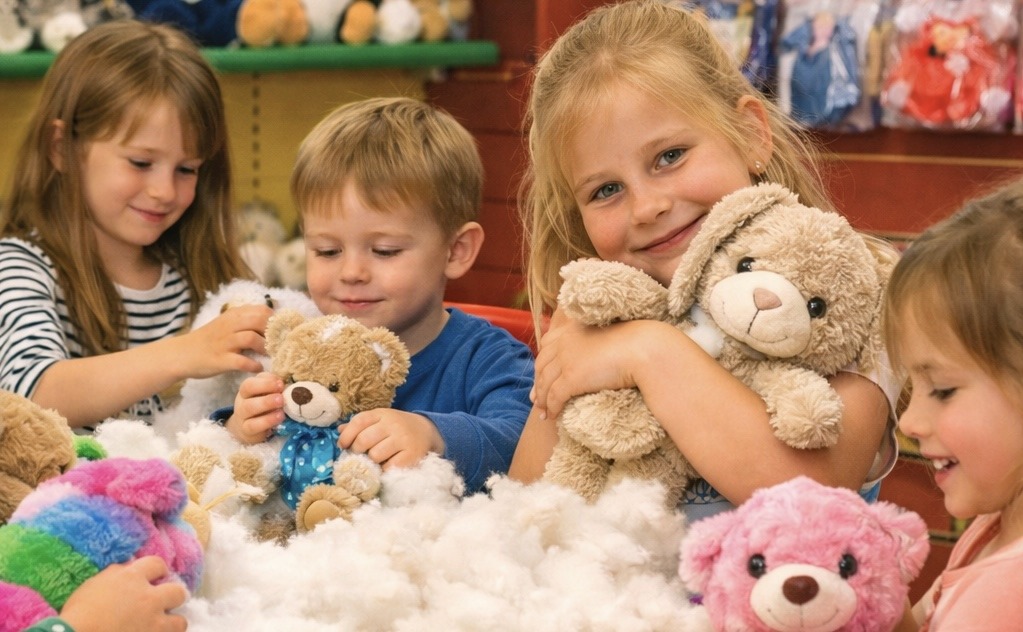 Kinderen vullen knuffelberen met zachte vulling tijdens een Make Your Teddy workshop.